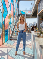 Calça Mom Jeans Feminina Cintura Alta Marmorizada