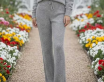 Calça Feminina Wide Leg Pantalona de Mousse Canelada Casual Tricô Tricot