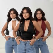 Kit 3 Cropped Canelado De Amarração Blusa Feminina Transpassada