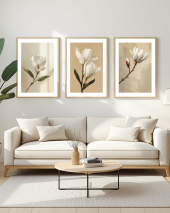 Trio de Quadros Floral Magnólias Fine Art Clean Chic