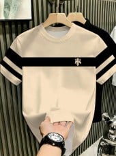 Camiseta Casual Masculina de Manga Curta com Gola Redonda e Cor Contrastante.
