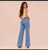 Calça jeans pantalona wide leg feminina cintura alta