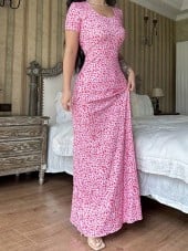 Vestido Longo Elegante e Casual de Manga Curta com Decote