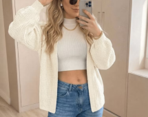Casaco Cardigan Feminino Tricot Canelado Elegante Inverno Frio Blusa Manga Longa Casual