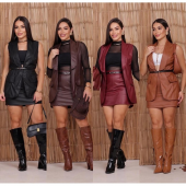 Conjunto feminino couro sintético saia + colete estilo country moda.