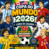 Livro para Colorir com 76 Imagens dos Principais Jogadores das Seleções da copa do Mundo 2026.