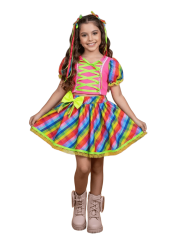 Conjunto Festa Junina Infantil Luxo Manu Rosa Neon Banana Club Caipira São João