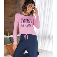 Conjunto de pijama feminino, manga longa,em poliéster