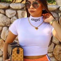 Cropped t-shirt feminina gola alta escrita angel - estilo blogueira alternativa