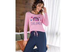 Conjunto de pijama feminino, manga longa,em poliéster