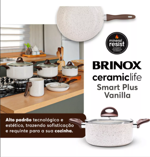 Conj Panelas 8pçs Brinox Vanilla Ceramic Life Smart Plus Cor Vanilla 4791/105