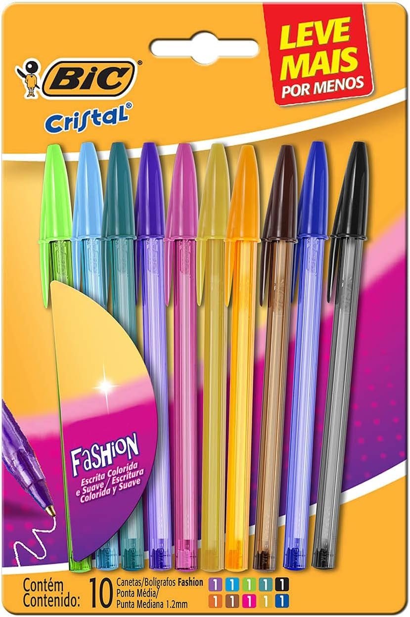 Canetas Coloridas Bic Cristal Fashion 10 Cores Vibrantes, Ponta Esferográfica Média de 1.2