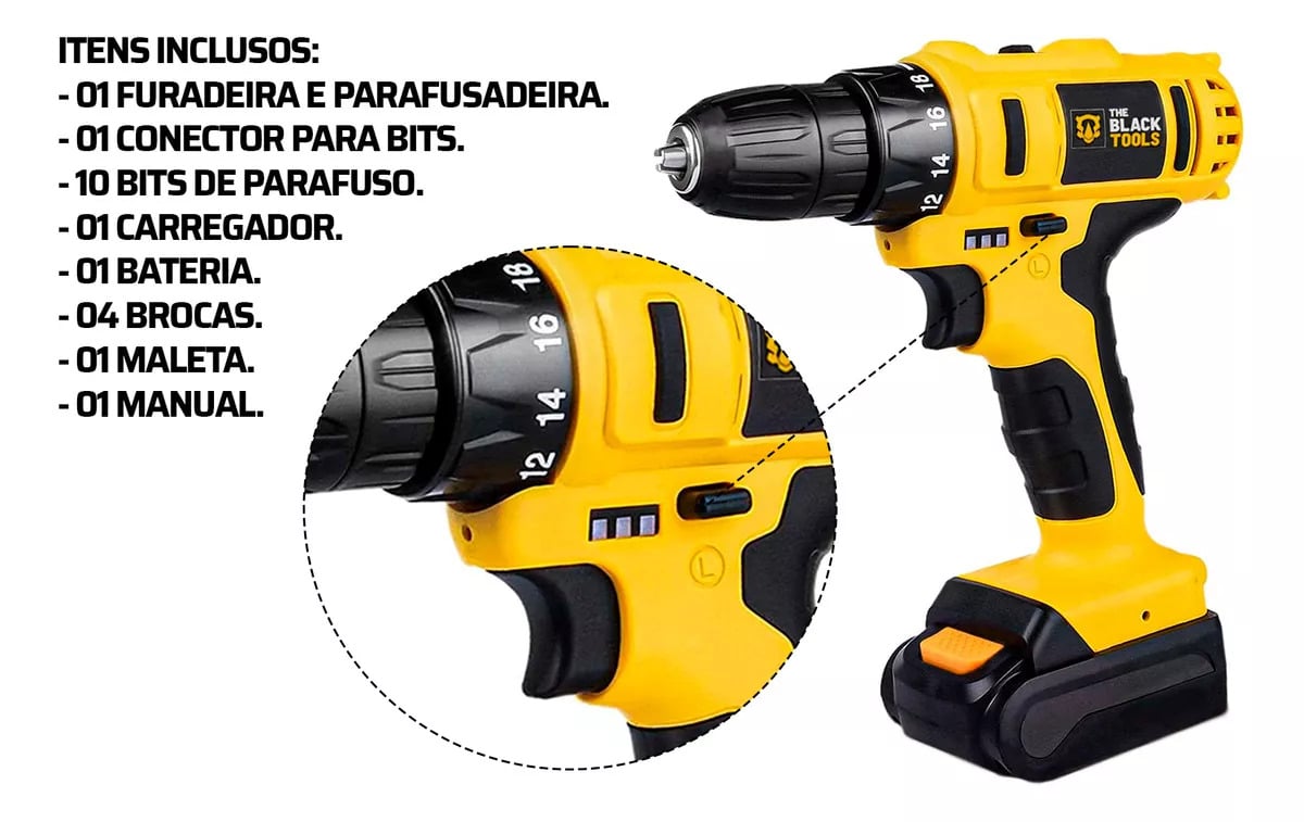 Parafusadeira Furadeira Sem Fio The Black Tools Bateria 12v Cor Amarelo e Preto