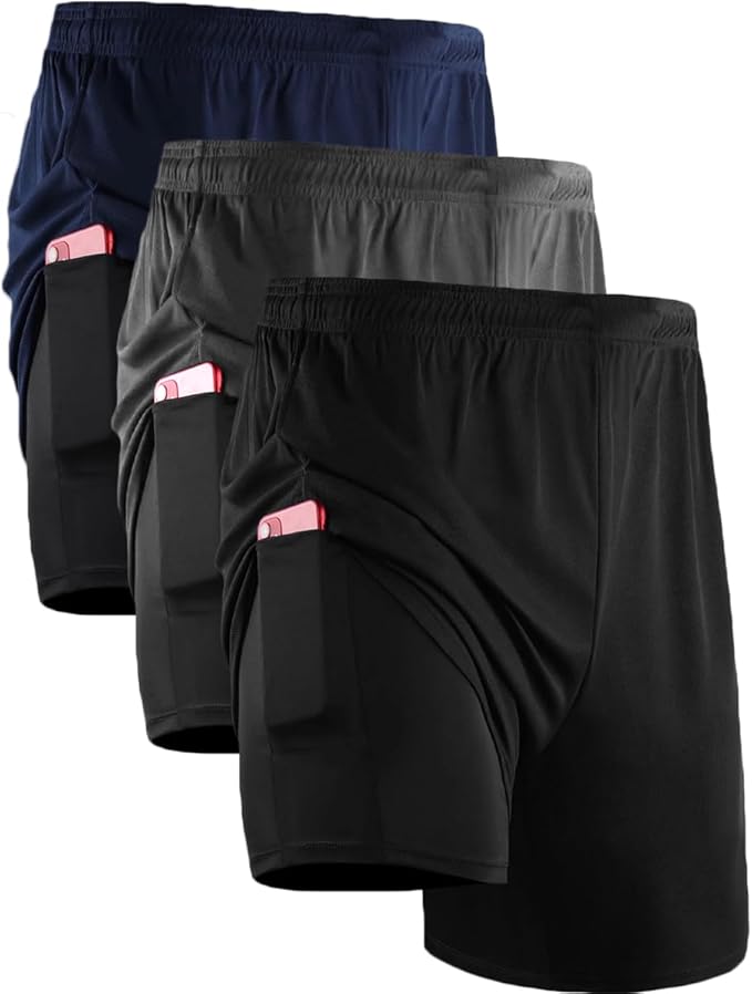 Kit 3 Shorts Masculino 2 em 1 Fitness Bermuda Para Treino