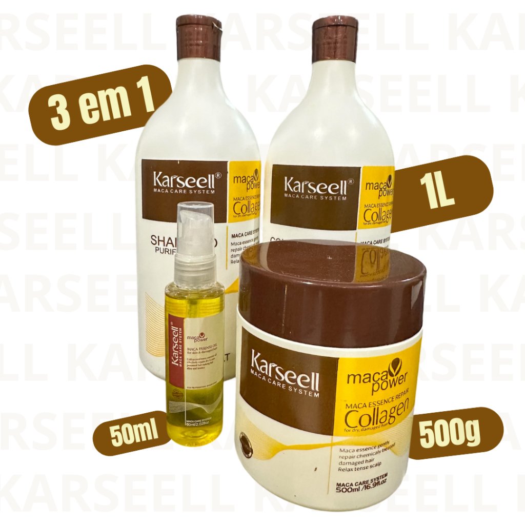 Kit Shampoo e Condicionador Karseell 1L + Máscara Karseell Oiginal 500g + óleo Essence50g