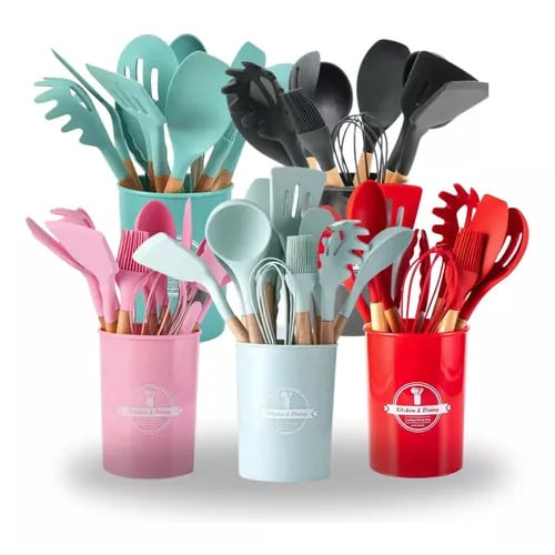 Kit 5/12 Jogo de Cozinha Silicone, Utensílios Suporte para Cozinheiro Cabo de Madeira