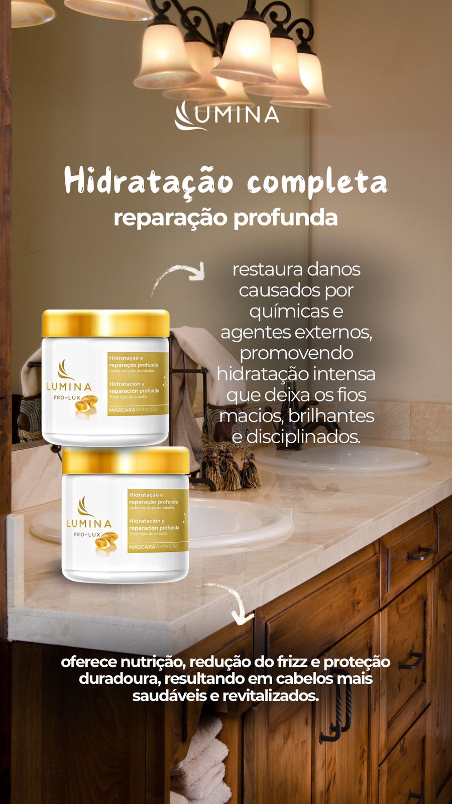 Combo manutenção Hidratação: Shampoo 500ml + Máscara 500g + Condicionador 500ml.