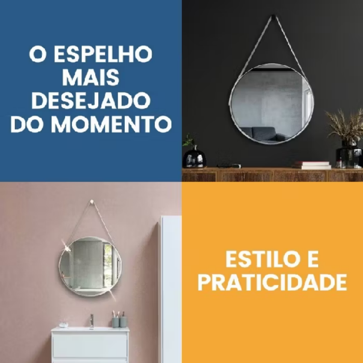 Espelho Redondo Adnet 30cm com alça + suporte pendurador ideal para sala/banheiro/quarto