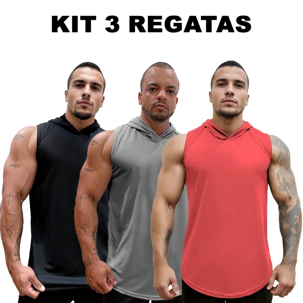 Kit com 3 Camisetas Regatas Masculina com Capuz