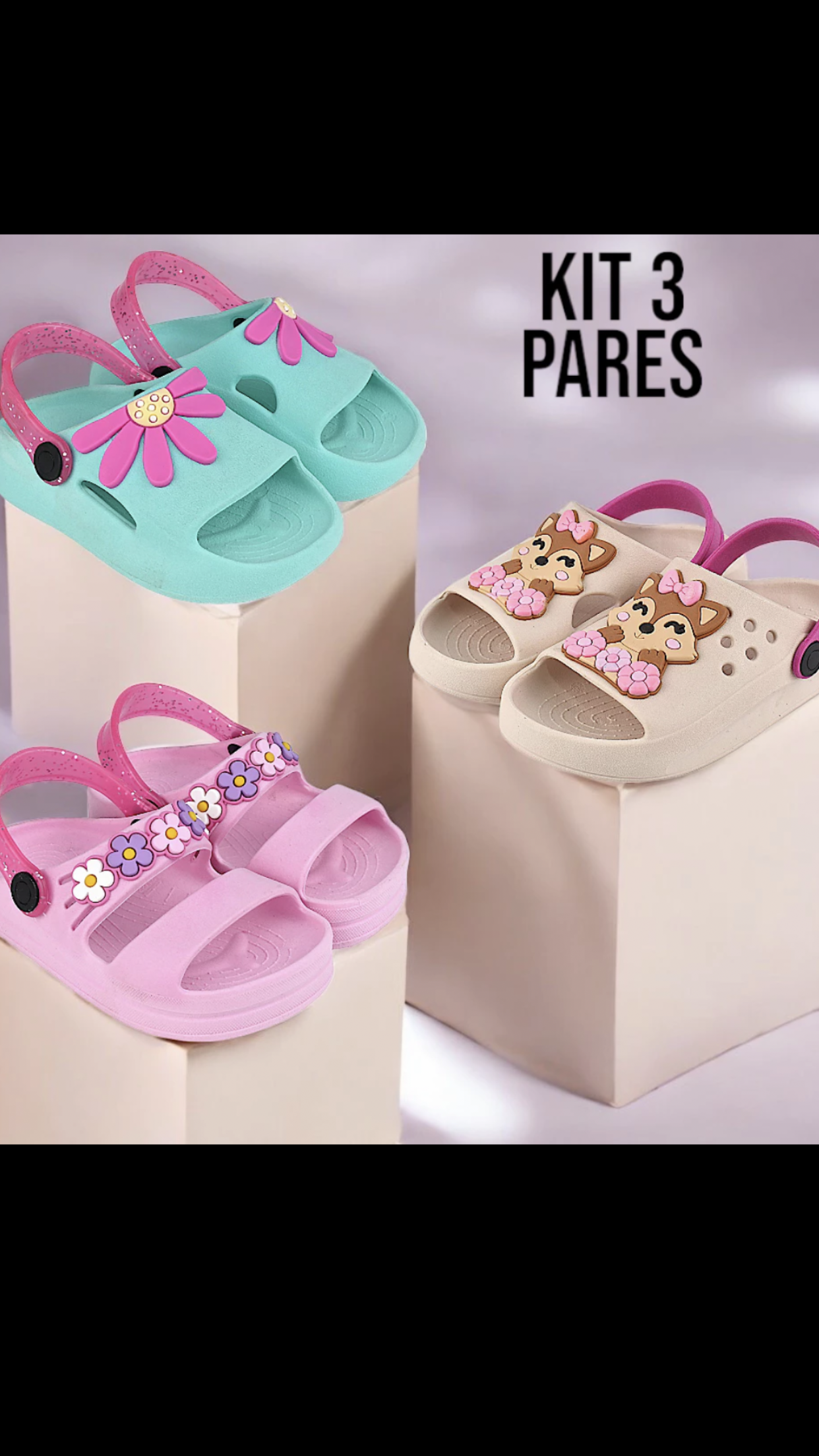 Kit 3 Pares Sandália Papete Infantil Menina e Chinelo Nuvem