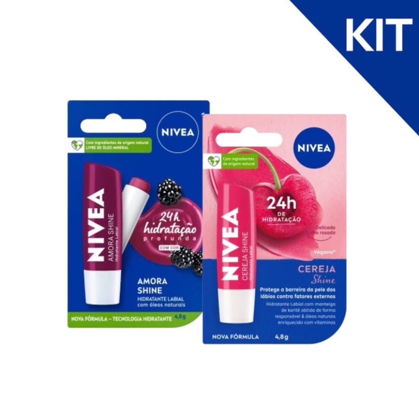 KIT NIVEA protetor labia cereja shine + protetor labial amora shine