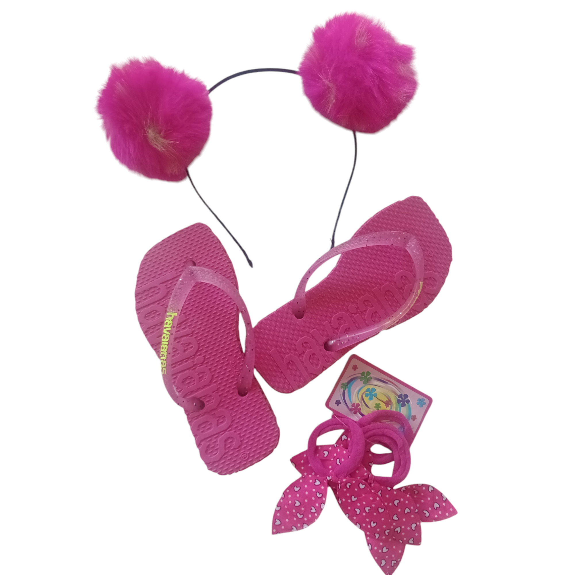 Kit chinelo infantil havaianas+arco pompom + xuxinhas