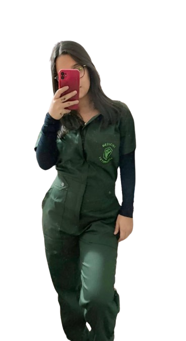 Macacão Veterinário Femenino Verde Escuro Manga Curta Tecido Brim Vestmedic / BioVest