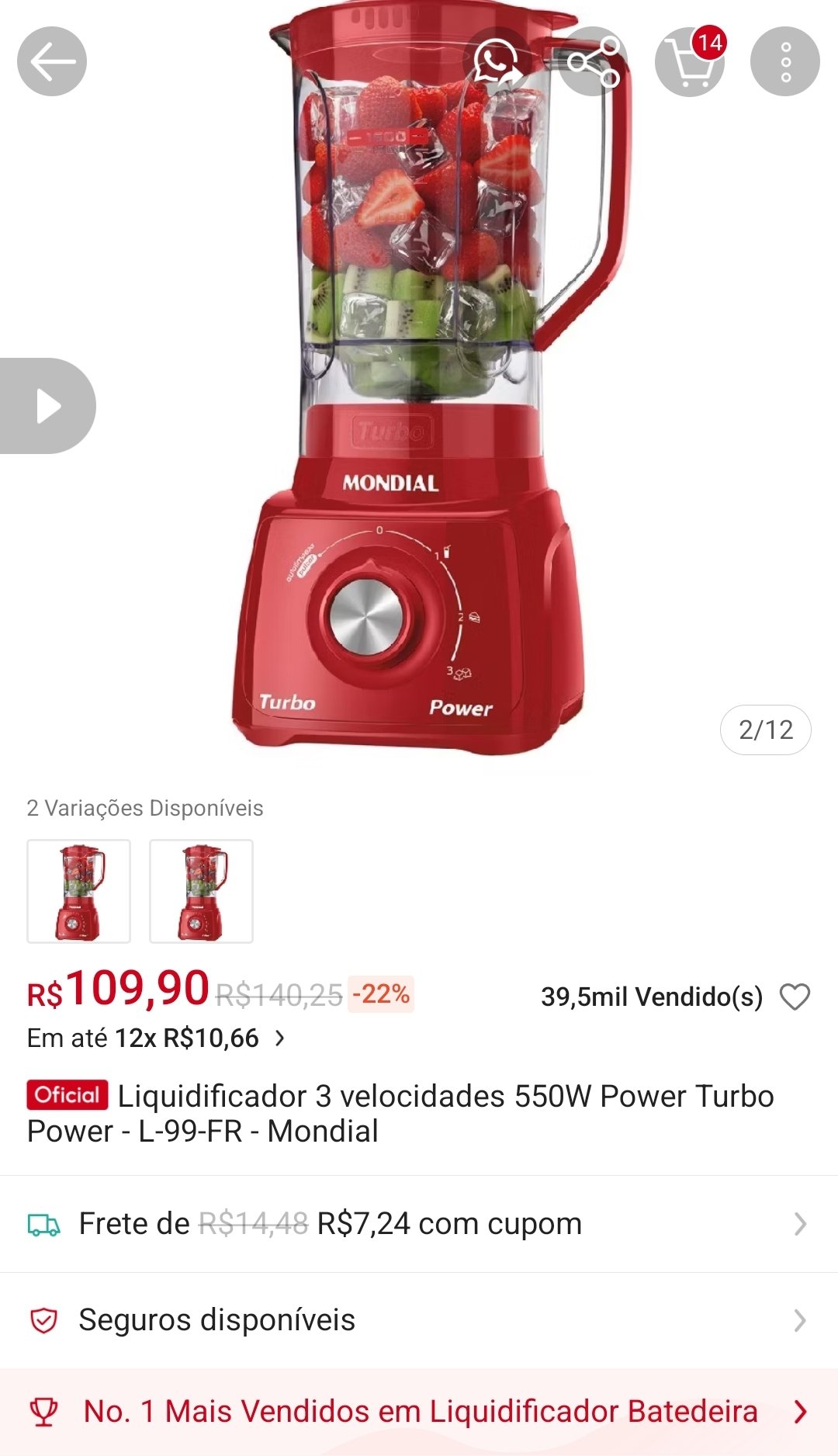 Liquidificador 3 velocidades 550W Power Turbo L-99-FR MONDIAL