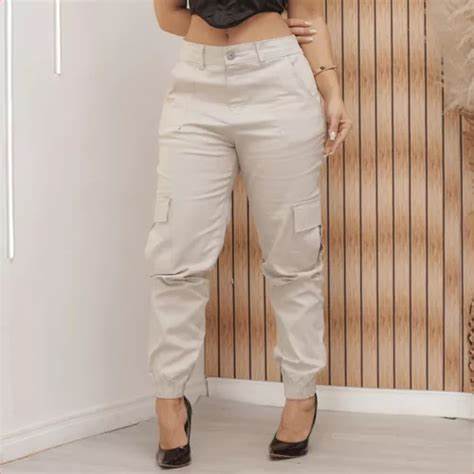 Calça Cargo Jogger Jeans Feminina Cintura Alta Com Lycra