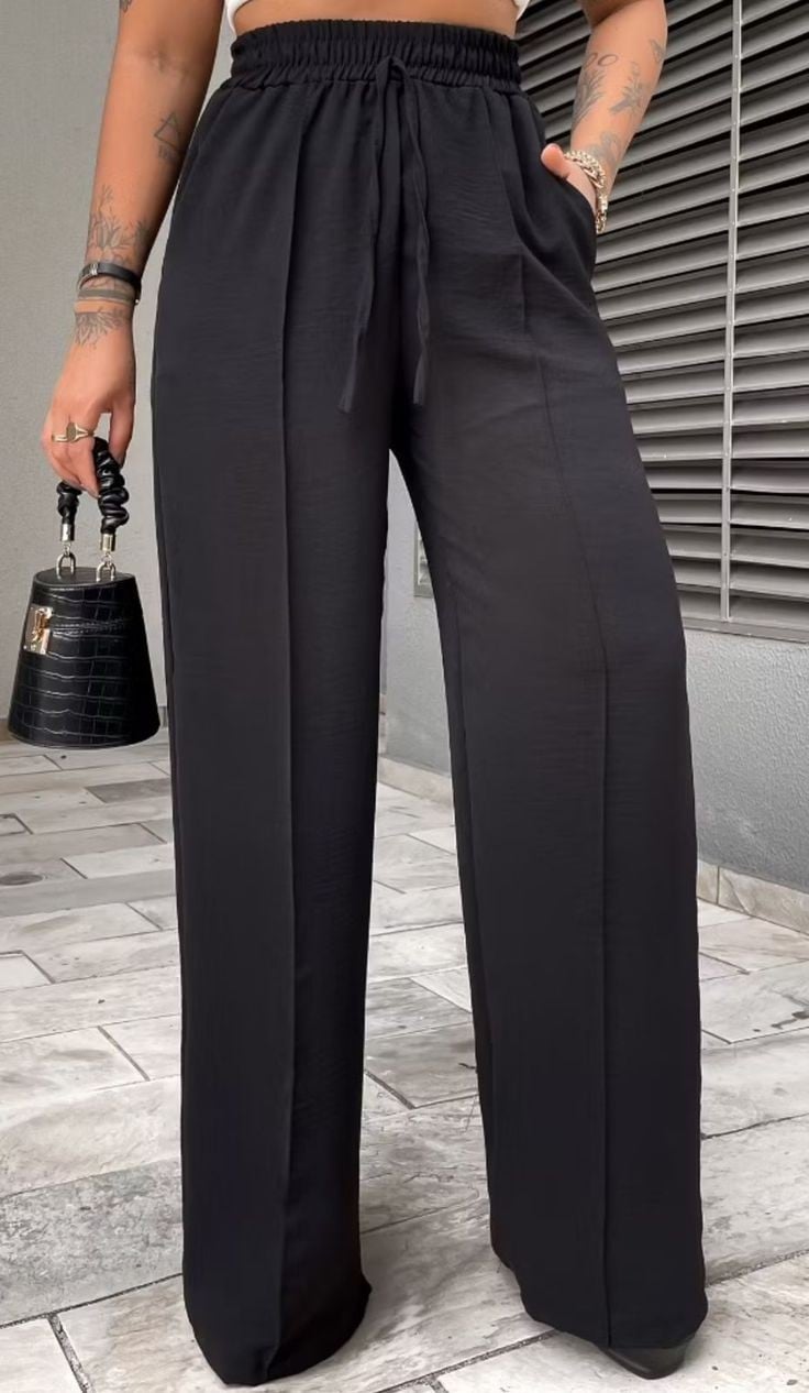 Calça pantalona feminina cintura alta com bolso-Tecido duna