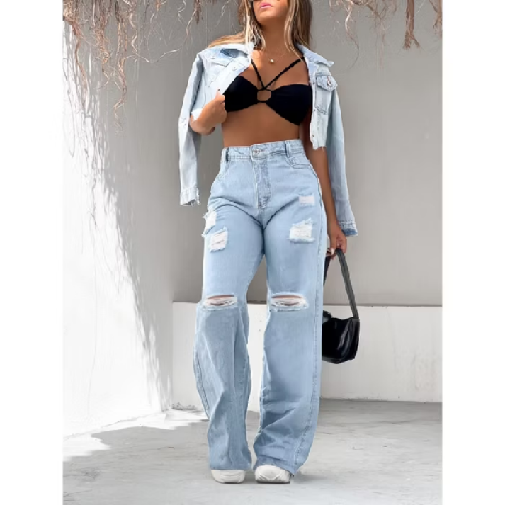 Calça Jeans feminina wide leg rasgada pantalona