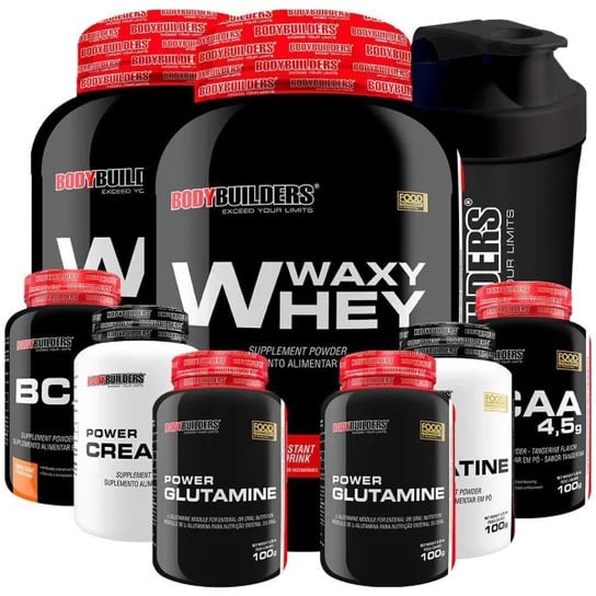 Kit 2x waxy whey 900g + 2x baça+ 2x creatina 100g + 2x glutamina 100g + coqueteleira bod