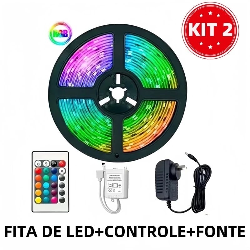 KIT 2 Fita Led Rgb 3528 Colorida 5m + Controle+Fonte 300 Led Decoração Casa Loja Gesso Tet