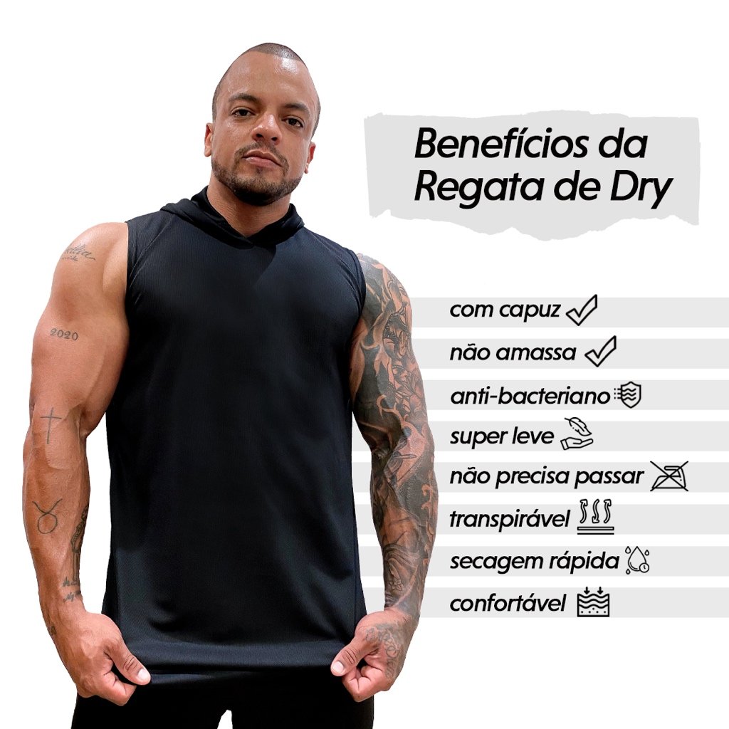 Kit 3 camisetas regatas masculinas Longline dry com capuz lisa sem estampa básica...