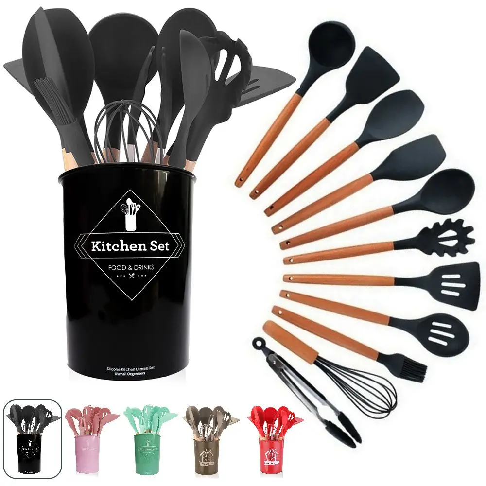 Kit Jogo 12 peças utensílios de silicone para cozinha com Cabo de Madeira + Balde - Linha