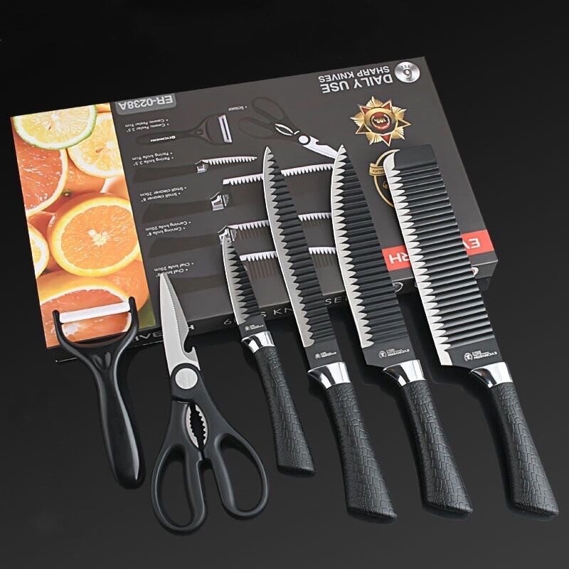 Kit 6 Peças Conjunto de Faca Churrasco Carne Legumes Descascador Tesoura Profissional