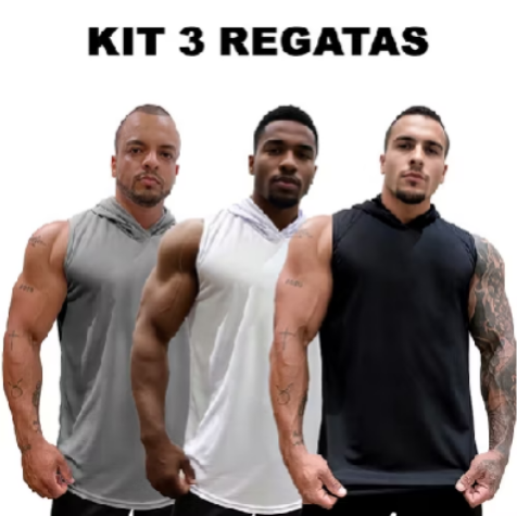 Kit com 3 Camisetas Regatas Masculina Longline Dry com Capuz Lisa Sem Estampa Básica Secag