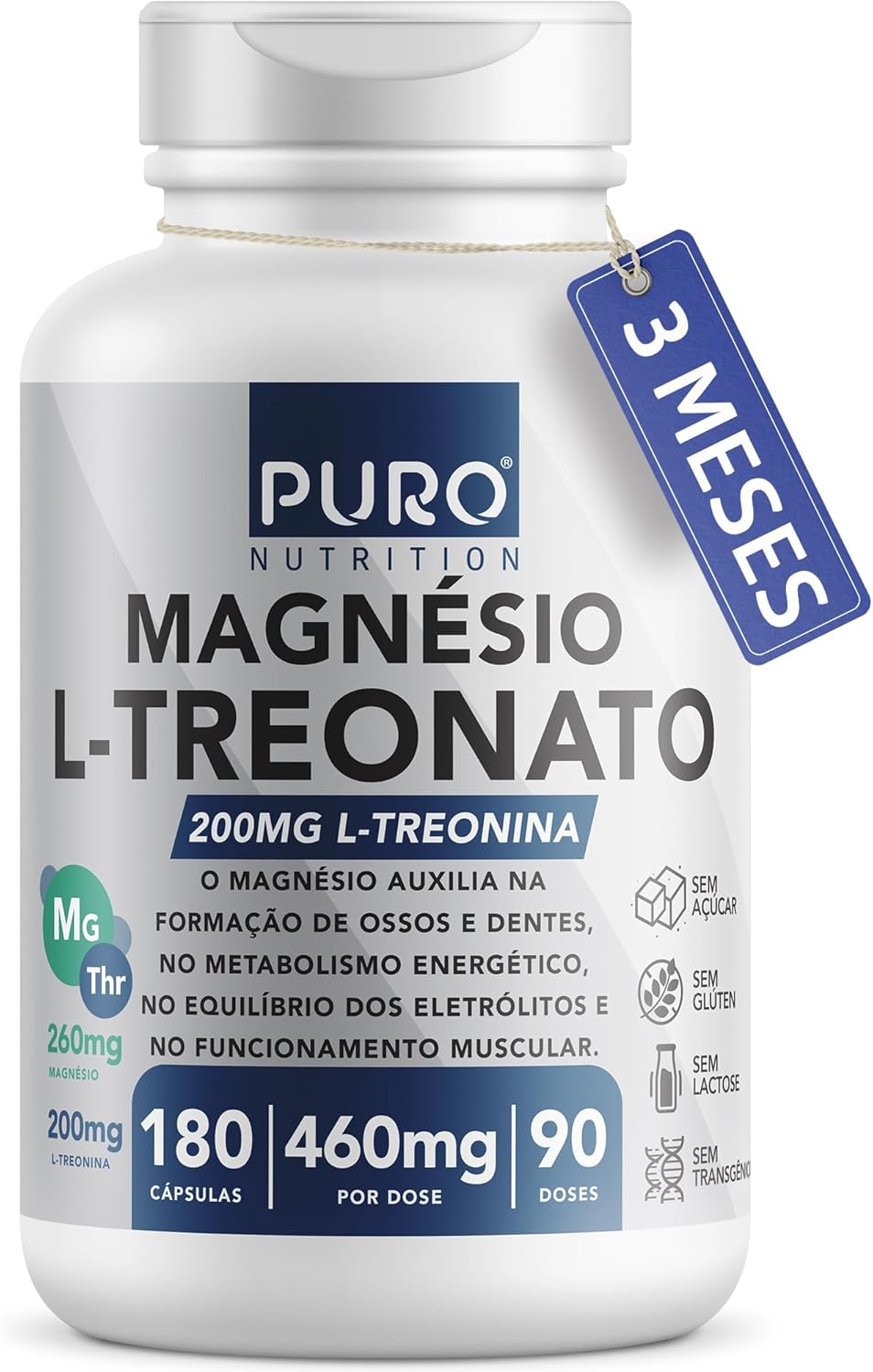 Magnésio L-Treonato Puro Nutrition + Quelato, alto teor de magnésio, 180 Cápsulas