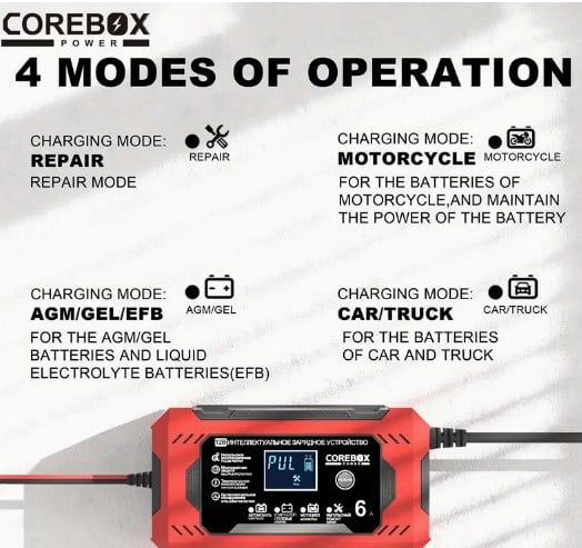 Carregador de Bateria Inteligente COREBOX 12V 6A com Display LCD, 110-130V Plugue EUA,