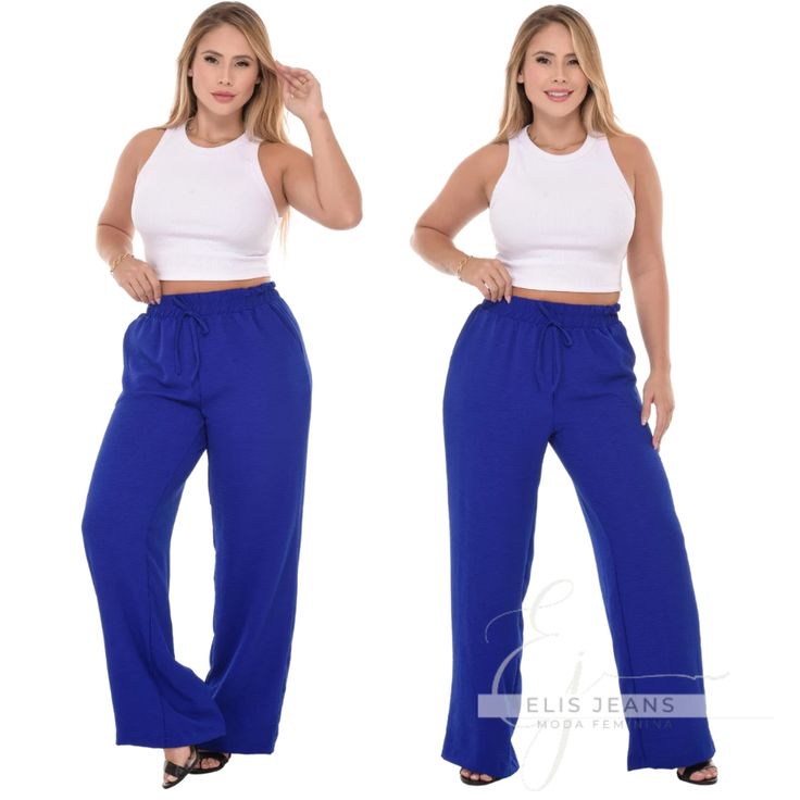 Calça Pantalona Feminina Com Bolso Elástico Na Cintura Tecido Duna Cintura Alta