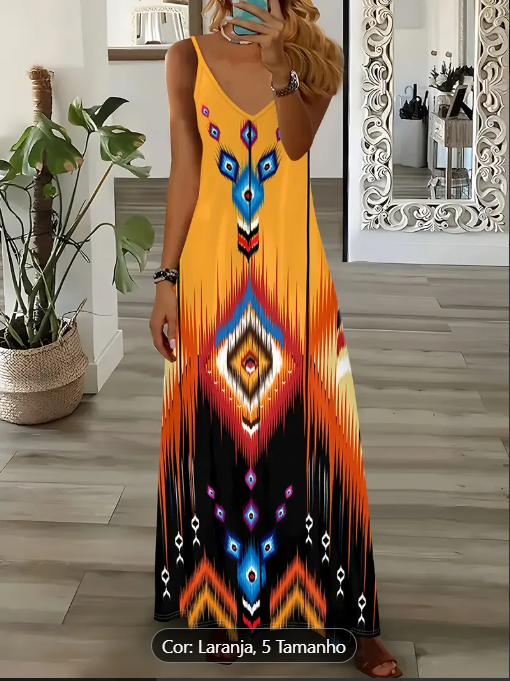 Vestido de alcinha estampado étnico, estilo de férias, vestido deslizante maxi sem mangas