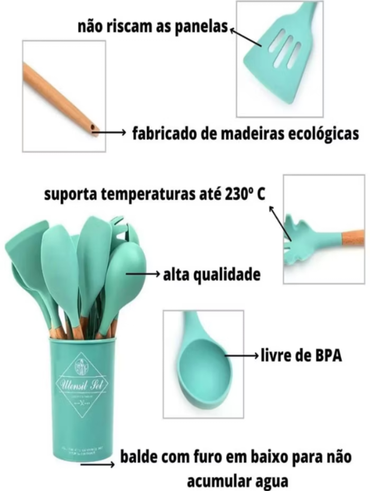 Kit com 12 peças Utensílios de Cozinha de Silicone, suporte cozinheira